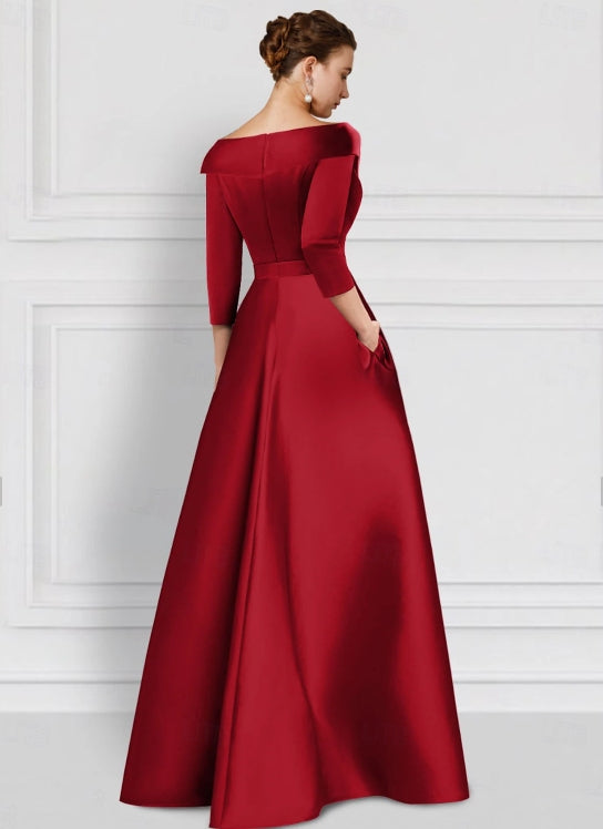 A-Line Evening Gown Elegant Floor Length 3/4 Length Sleeve Shirt Collar Satin with Appliques