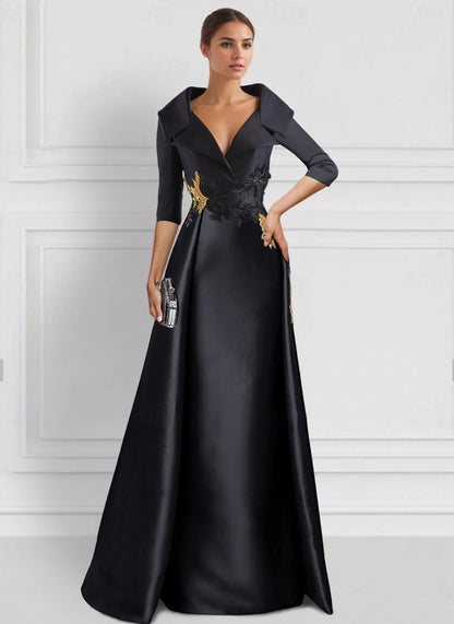 A-Line Evening Gown Elegant Floor Length 3/4 Length Sleeve Shirt Collar Satin with Appliques