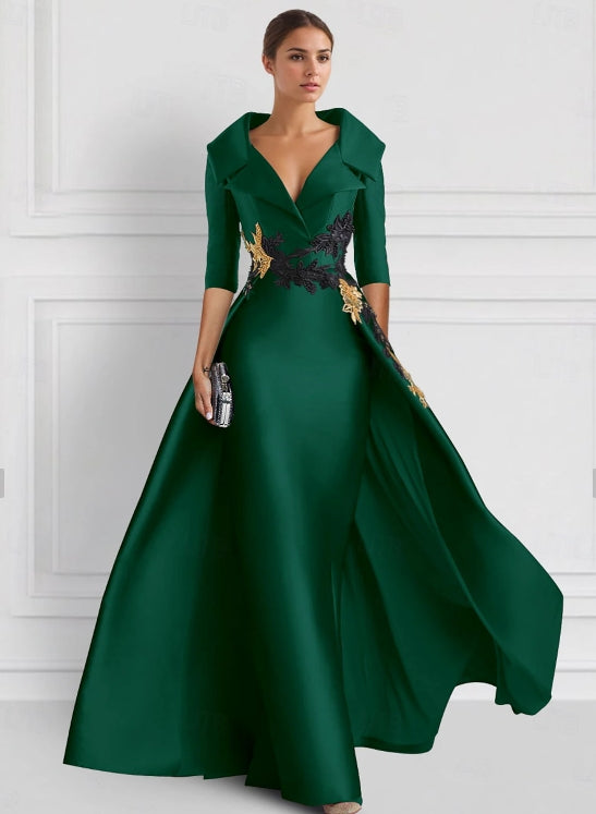 A-Line Evening Gown Elegant Floor Length 3/4 Length Sleeve Shirt Collar Satin with Appliques