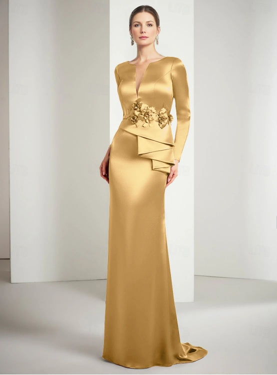 Sheath / Column Evening Gown Christmas Floor Length Long Sleeve Jewel Neck Satin with Appliques