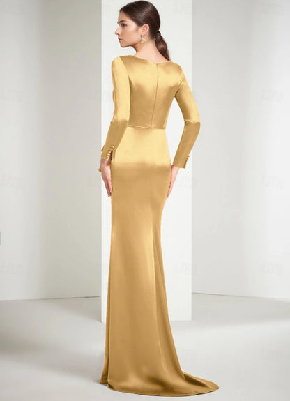 Sheath / Column Evening Gown Christmas Floor Length Long Sleeve Jewel Neck Satin with Appliques