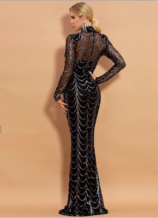 Mermaid / Trumpet Evening Gown Formal Floor Length Long Sleeve Illusion Neck Sequined with Glitter