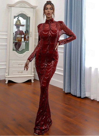 Mermaid / Trumpet Evening Gown Formal Floor Length Long Sleeve Illusion Neck Sequined with Glitter