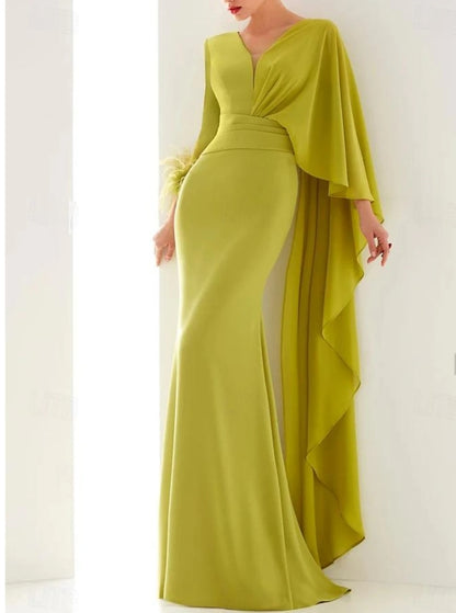 Mermaid / Trumpet Evening Gown Elegant Dress Floor Length Long Sleeve V Neck Chiffon with Feather