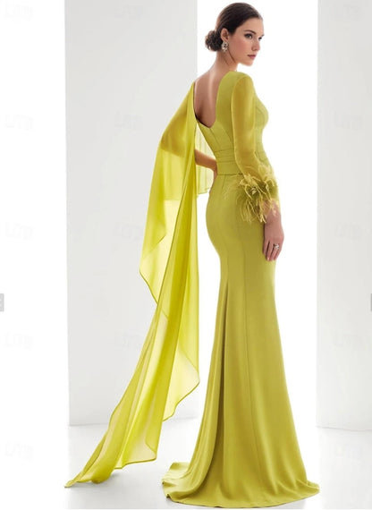 Mermaid / Trumpet Evening Gown Elegant Dress Floor Length Long Sleeve V Neck Chiffon with Feather