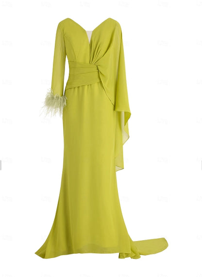 Mermaid / Trumpet Evening Gown Elegant Dress Floor Length Long Sleeve V Neck Chiffon with Feather