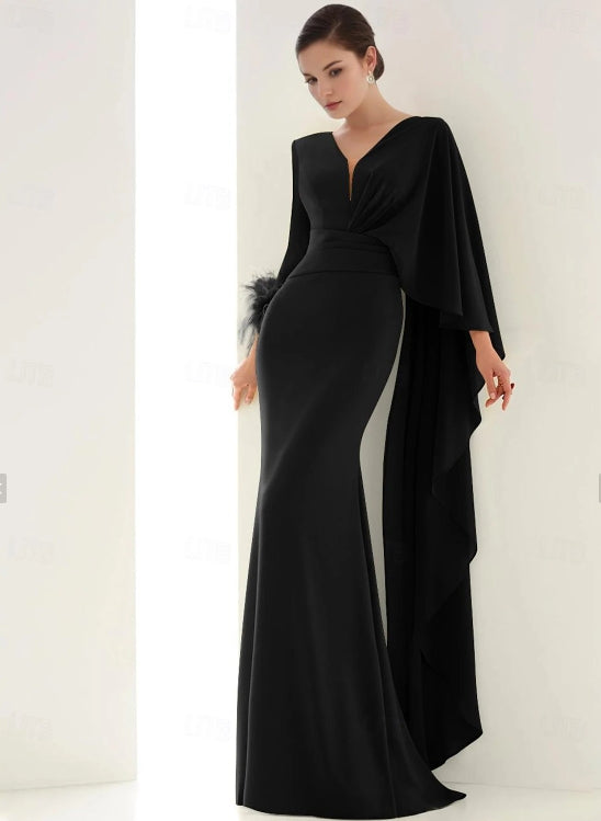 Mermaid / Trumpet Evening Gown Elegant Dress Floor Length Long Sleeve V Neck Chiffon with Feather