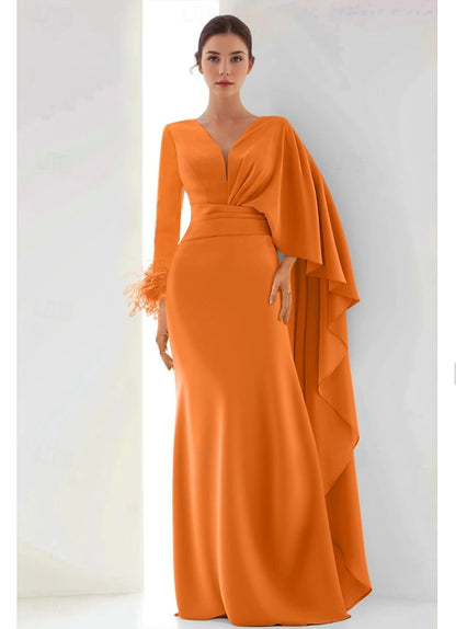 Mermaid / Trumpet Evening Gown Elegant Dress Floor Length Long Sleeve V Neck Chiffon with Feather