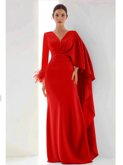 Mermaid / Trumpet Evening Gown Elegant Dress Floor Length Long Sleeve V Neck Chiffon with Feather