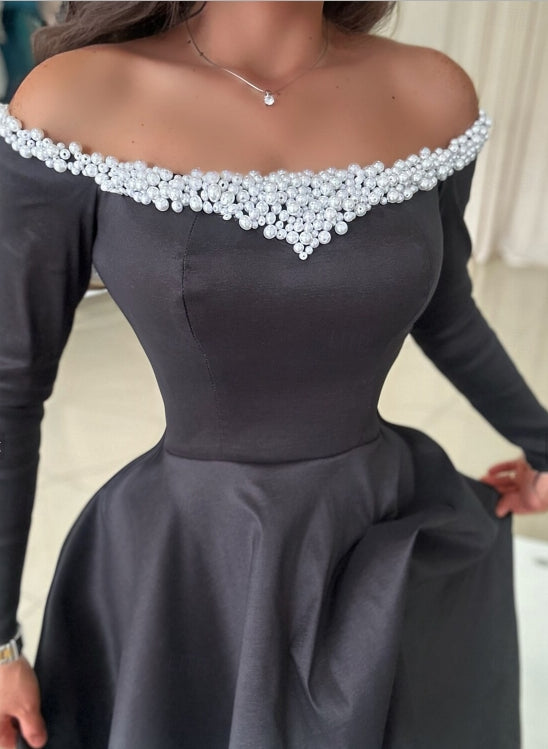 A-Line Evening Gown Floor Length Long Sleeve Off Shoulder Pocket Satin with Pearls