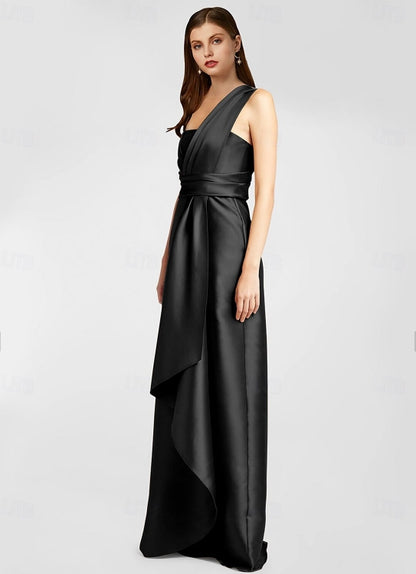 A-Line Evening Gown Formal Floor Length Sleeveless One Shoulder Pocket Satin with Ruffles