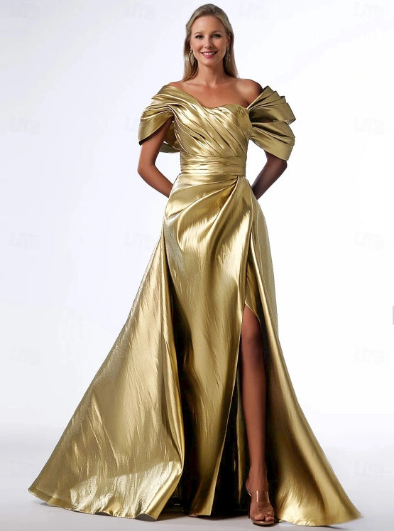 A-Line Evening Gown Formal Christmas Floor Length Short Sleeve Square Neck Pocket Satin with Pleats