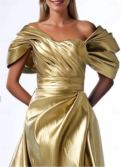 A-Line Evening Gown Formal Christmas Floor Length Short Sleeve Square Neck Pocket Satin with Pleats