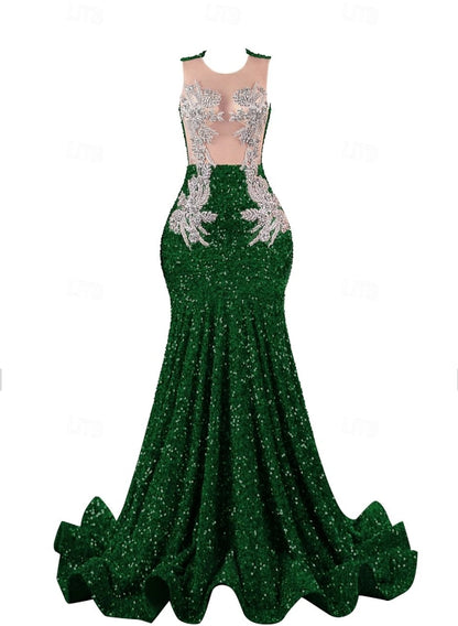 Mermaid / Trumpet Evening Gown Court Train Sleeveless Jewel Neck Fall Wedding Reception Sequined with Crystals Sequin