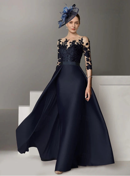 A-Line Evening Gown Wedding Guest Sweep / Brush Train Long Sleeve Scoop Neck Stretch Satin with Appliques