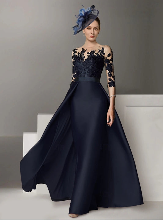 A-Line Evening Gown Wedding Guest Sweep / Brush Train Long Sleeve Scoop Neck Stretch Satin with Appliques