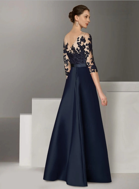 A-Line Evening Gown Wedding Guest Sweep / Brush Train Long Sleeve Scoop Neck Stretch Satin with Appliques