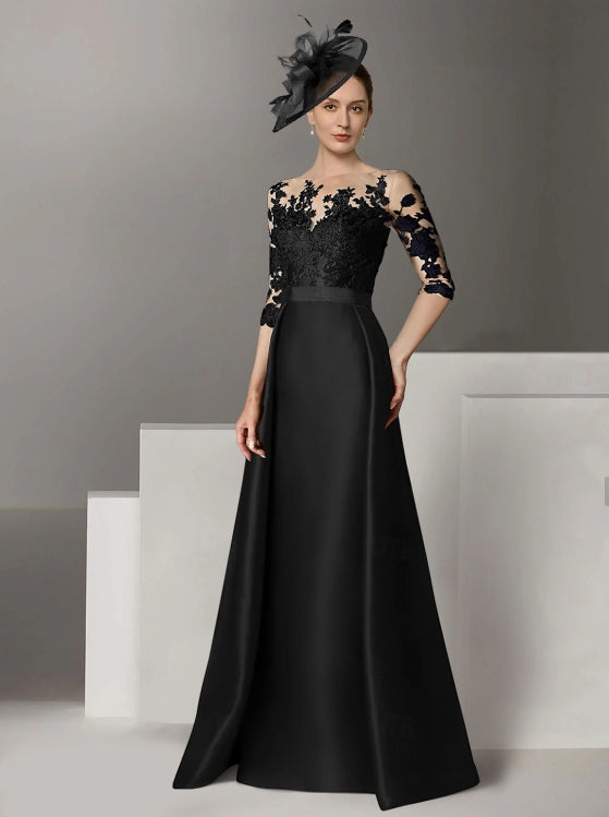 A-Line Evening Gown Wedding Guest Sweep / Brush Train Long Sleeve Scoop Neck Stretch Satin with Appliques