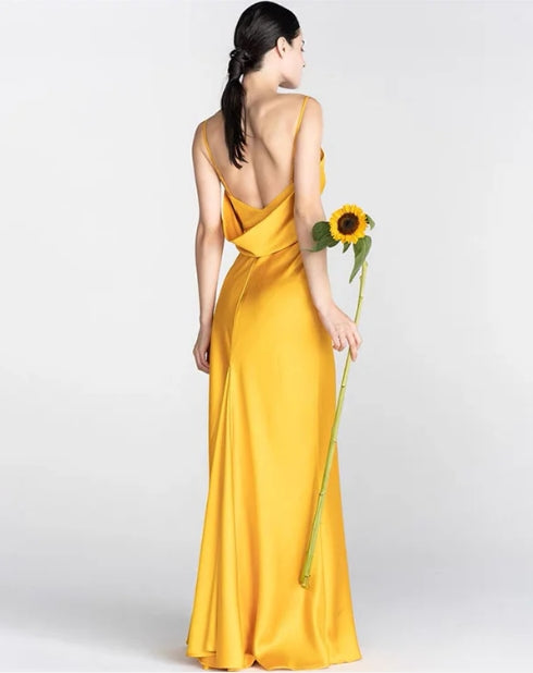 Long Gold Satin Fitted Floor-length Spaghetti Strap Bridesmaid Dresses Side Split