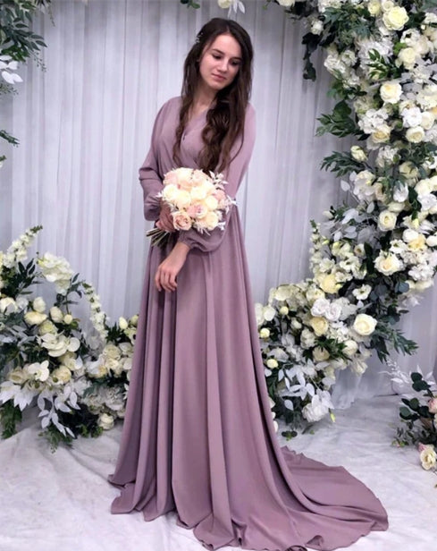 Mauve Bridesmaid Dresses Long Sleeves V Neck With Sweep Train