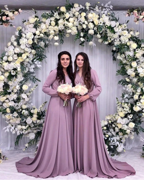 Mauve Bridesmaid Dresses Long Sleeves V Neck With Sweep Train