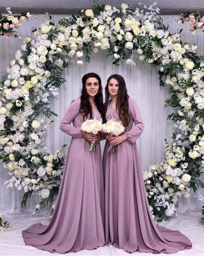 Mauve Bridesmaid Dresses Long Sleeves V Neck With Sweep Train