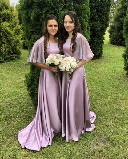 Mauve Purple Bridesmaid Dresses Ruffles Sleeves With Sweep Train