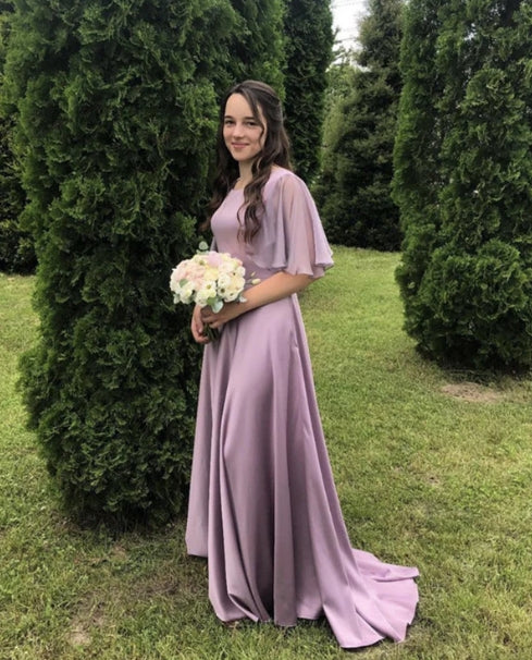 Mauve Purple Bridesmaid Dresses Ruffles Sleeves With Sweep Train