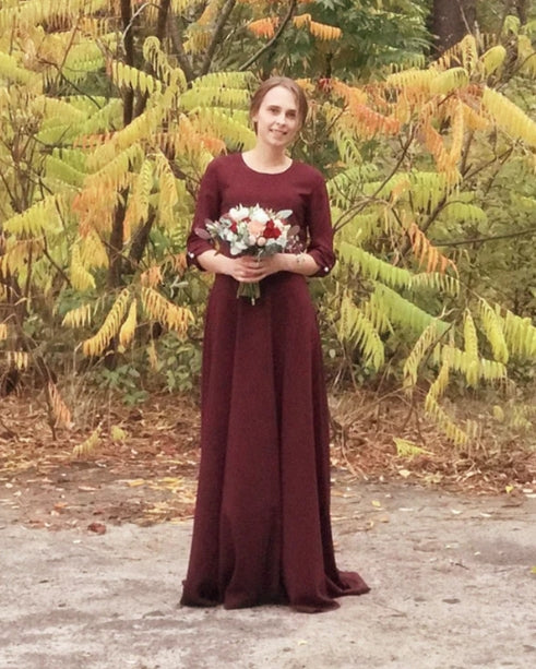 Burgundy Bridesmaid Dresses 3/4 Sleeves Long Dress With Sweep Train