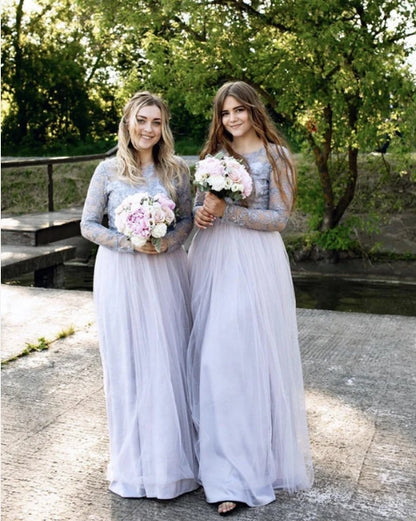 Silver Bridesmaid Dresses Long Sleeves Lace Floor-length Dresses