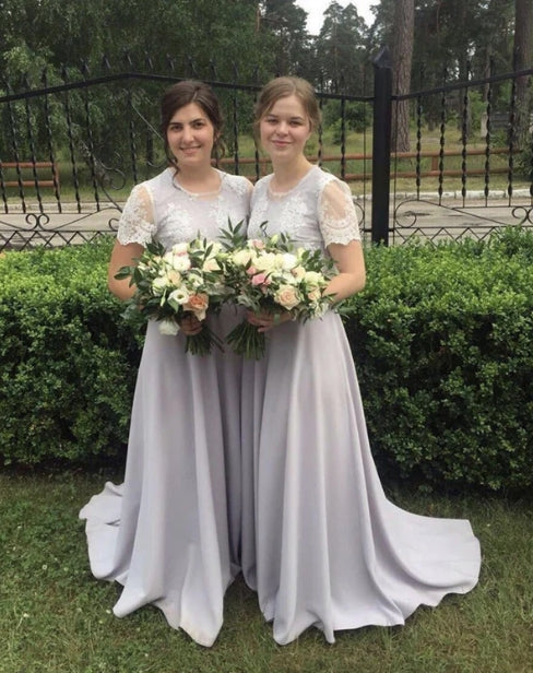 Silver Boho Bridesmaid Dresses Lace Sleeves With Sweep Train