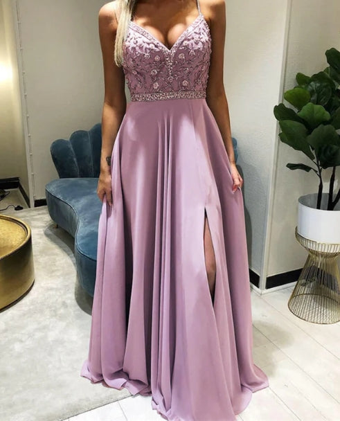 Beaded V-Neck Split Bridesmaid Dresses Chiffon A-Line Prom Dresses