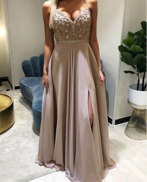 Beaded V-Neck Split Bridesmaid Dresses Chiffon A-Line Prom Dresses