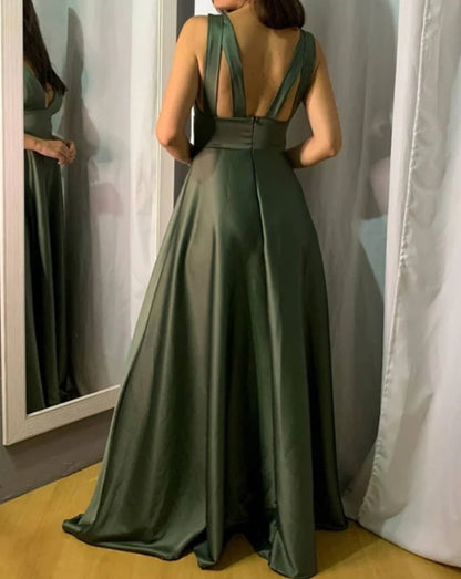 Long Satin V Neck Empire Bridesmaid Dresses A-Line Evening Dresses