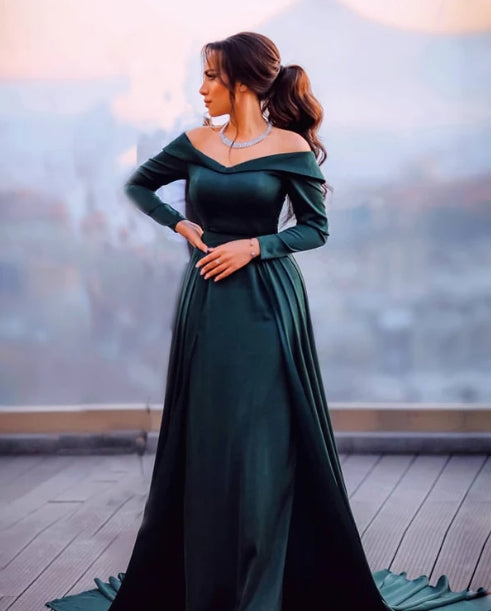 Hunter Green Mermaid Satin Dresses Off Shoulder Evening Dresses Sweep/Brush Train Dresses