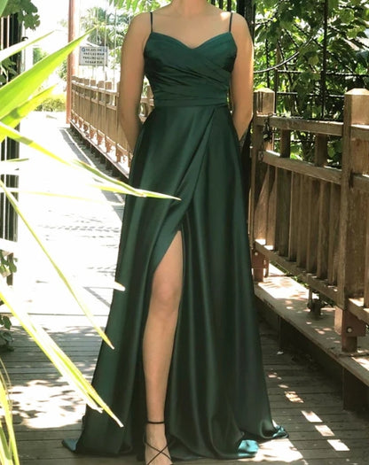 Emerald Green Satin A-Line V Neck Spaghetti Strap Bridesmaid Dresses Split