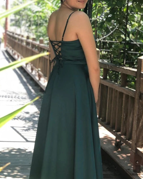 Emerald Green Satin A-Line V Neck Spaghetti Strap Bridesmaid Dresses Split