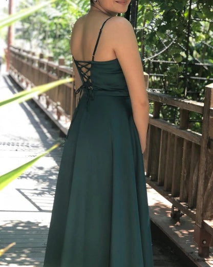 Emerald Green Satin A-Line V Neck Spaghetti Strap Bridesmaid Dresses Split