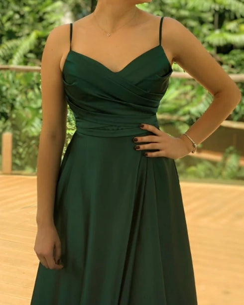 Emerald Green Satin A-Line V Neck Spaghetti Strap Bridesmaid Dresses Split