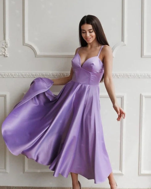 Tea Length Bridesmaid Dresses Satin V Neck A-Line Party Dresses