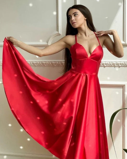 Tea Length Bridesmaid Dresses Satin V Neck A-Line Party Dresses