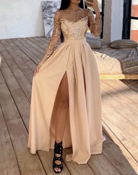 Long Sleeves Champagne Bridesmaid Dresses High Slit Evening Dresses