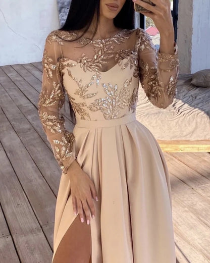 Long Sleeves Champagne Bridesmaid Dresses High Slit Evening Dresses