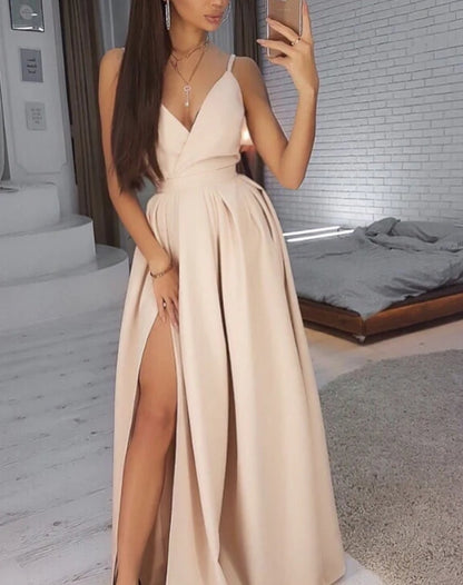 Long Sexy Bridesmaid Dresses V Neck Split A-Line Satin Evening Dresses