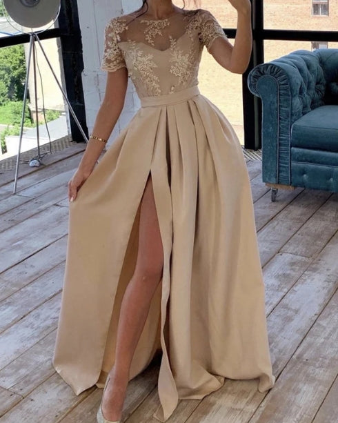 Long Sleeves Champagne Bridesmaid Dresses Satin A-Line Evening Dresses With Slit