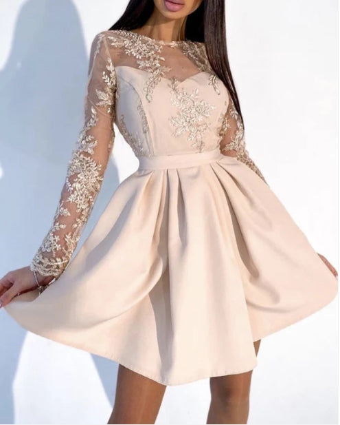 Cute A-Line Mini Dress Champagne Dresses Lace Long Sleeves Bridesmaid Dresses