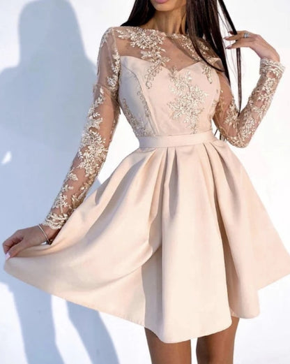 Cute A-Line Mini Dress Champagne Dresses Lace Long Sleeves Bridesmaid Dresses