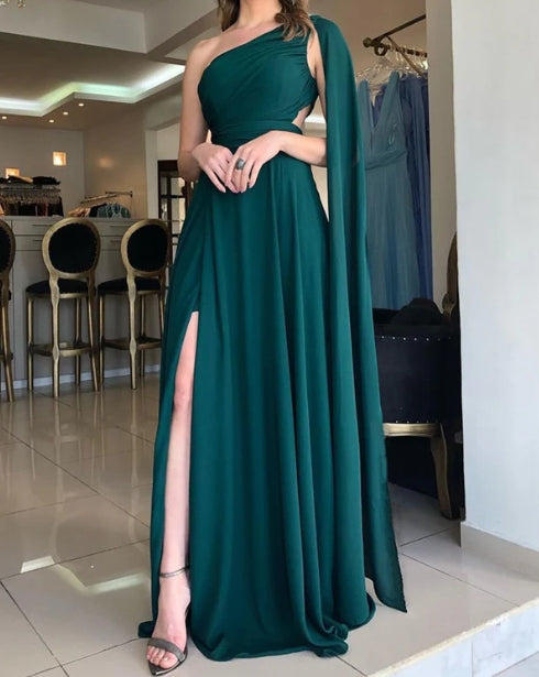 Emerald Green Chiffon Bridesmaid Dresses Wedding Guest Party Dresses One Shoulder With Slit