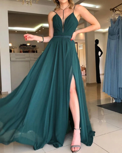 A-Line Open Back Chiffon Long Dress Bridesmaid Dresses With Slit