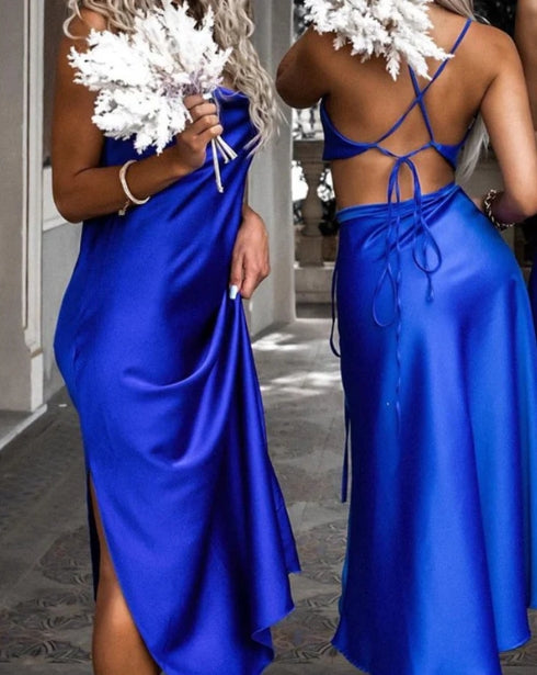 Royal Blue Midi Spaghetti Strap Bridesmaid Dresses Open Back Satin Party Dresses